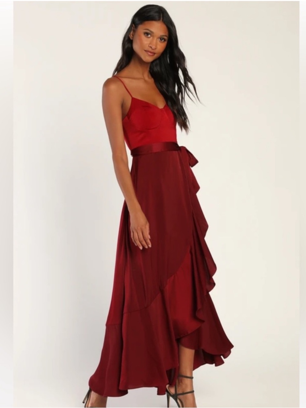 Red Two-Tone Spaghetti Strap Maxi Dress